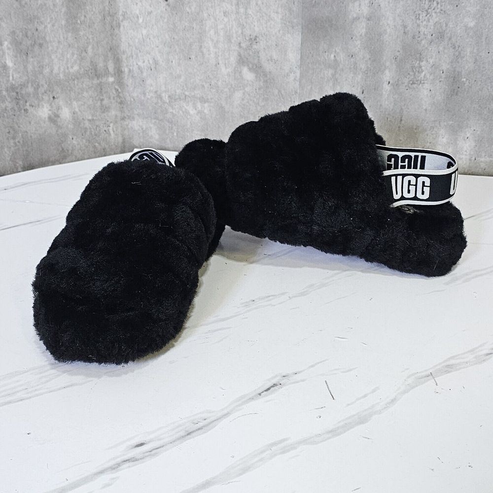 UGG Womens 6‎ Fluff Yeah Slide Black Slippers Sling Back Logo - Picture 6 of 11